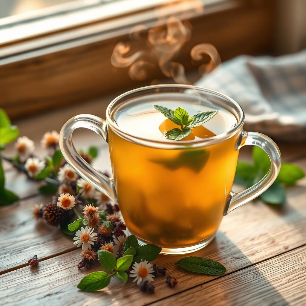Steaming herbal tea with chamomile and mint