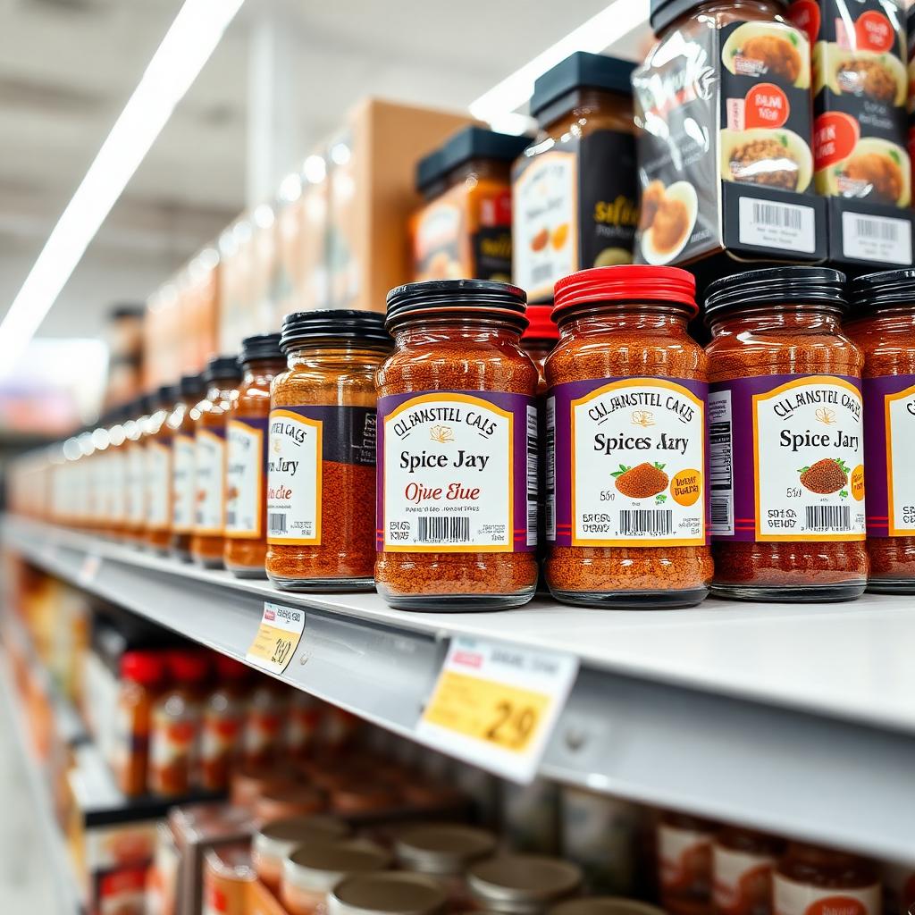 Retail spice jars on a store shelf
