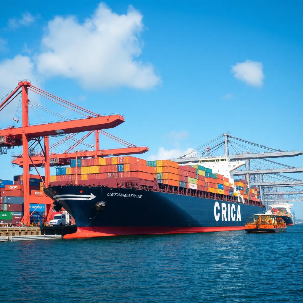 Container ship loading cargo at a global port